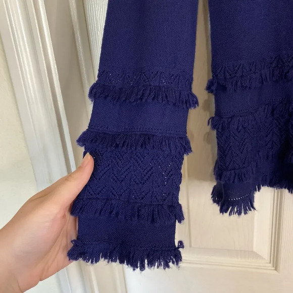 TRINA TURK Merino Wool Navy Blue Sweater Size Small Tassel Fringe - Picture 5 of 10